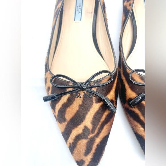 Prada Black Brown Leopard print calf hair Pointed toe ballet flats EU 37.5 - Picture 3 of 10